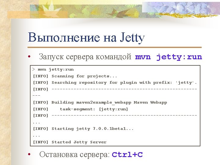 Выполнение на Jetty • Запуск сервера командой mvn jetty: run > mvn jetty: run
