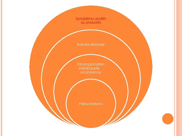 Symptômes positifs ou productifs Activité délirante Désorganisation intellectuelle , incohérence Hallucinations 