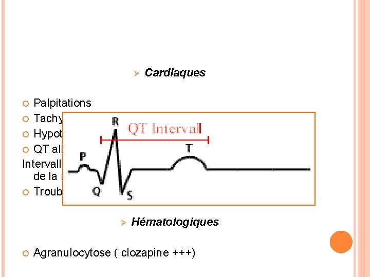 Ø Cardiaques Palpitations Tachycardie Hypotension orthostatique QT allongé >TP >FV> mort subite Intervalle situé