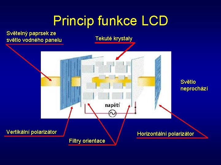Princip funkce LCD Světelný paprsek ze světlo vodného panelu Tekuté krystaly Světlo neprochází Vertikální