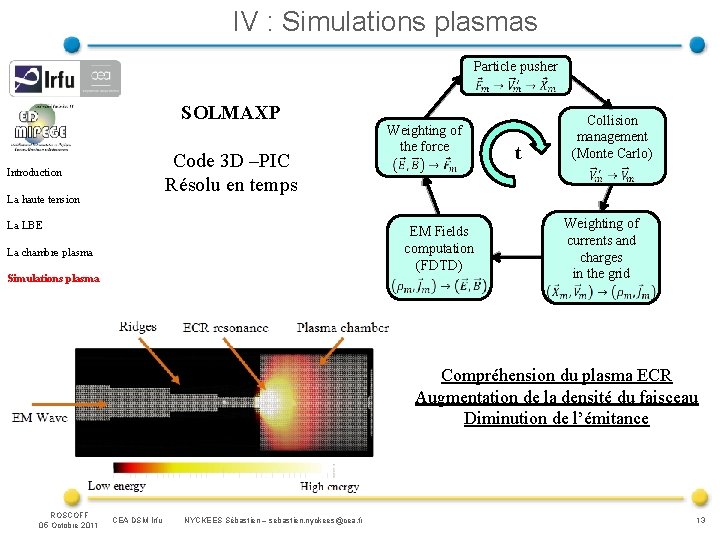 IV : Simulations plasmas Particle pusher SOLMAXP Code 3 D –PIC Résolu en temps