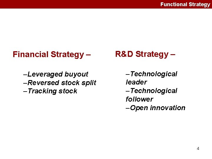 Functional Strategy Financial Strategy – –Leveraged buyout –Reversed stock split –Tracking stock R&D Strategy