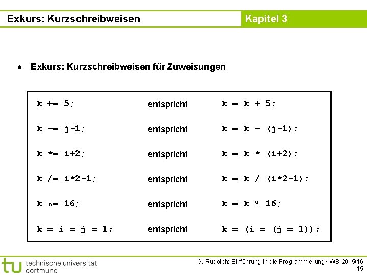 Exkurs: Kurzschreibweisen Kapitel 3 ● Exkurs: Kurzschreibweisen für Zuweisungen k += 5; entspricht k