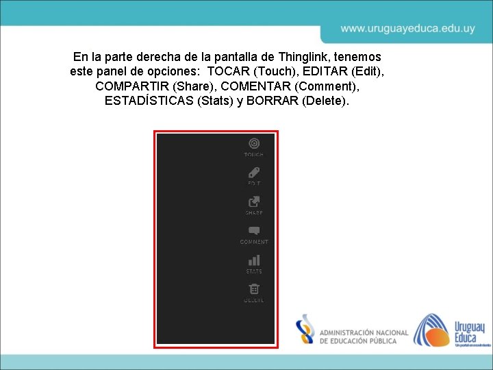 En la parte derecha de la pantalla de Thinglink, tenemos este panel de opciones: