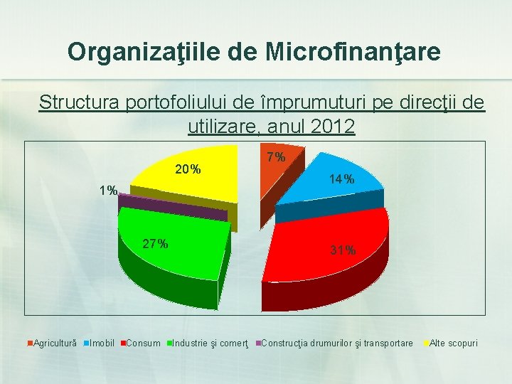 Organizaţiile de Microfinanţare Structura portofoliului de împrumuturi pe direcţii de utilizare, anul 2012 20%