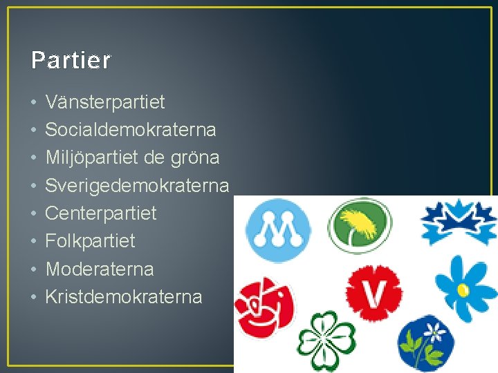 Partier • • Vänsterpartiet Socialdemokraterna Miljöpartiet de gröna Sverigedemokraterna Centerpartiet Folkpartiet Moderaterna Kristdemokraterna 