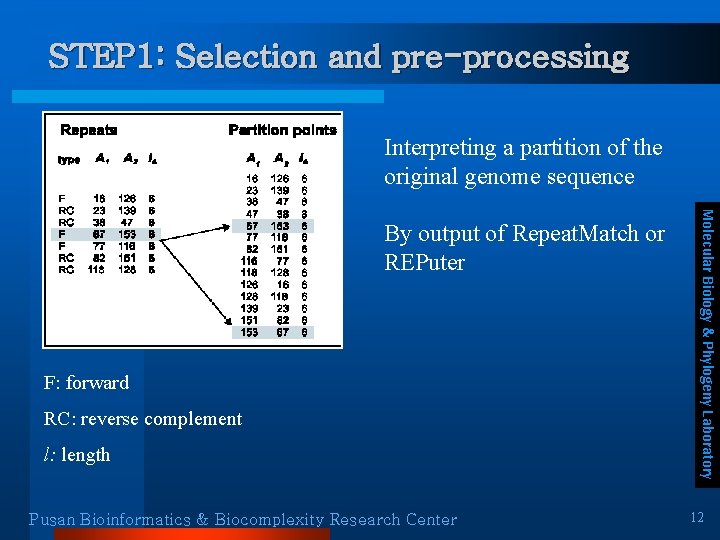 STEP 1: Selection and pre-processing Interpreting a partition of the original genome sequence F: STEP 1: Selection and pre-processing Interpreting a partition of the original genome sequence F: