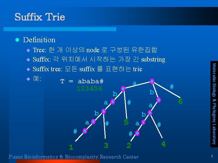 Suffix Trie l Definition a 123456 b b a # 1 # 5 a Suffix Trie l Definition a 123456 b b a # 1 # 5 a