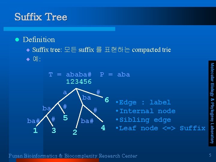 Suffix Tree l Definition T = ababa# P = aba 123456 a # ba Suffix Tree l Definition T = ababa# P = aba 123456 a # ba