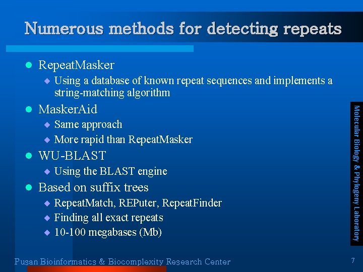 Numerous methods for detecting repeats l Repeat. Masker ¨ Using a database of known Numerous methods for detecting repeats l Repeat. Masker ¨ Using a database of known