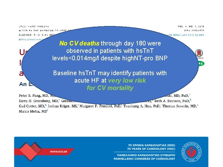 No CV deaths through day 180 were observed in patients with hs. Tn. T