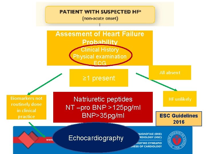 Assesment of Heart Failure Probability Clinical History Physical examination ECG ≥ 1 present Biomarkers