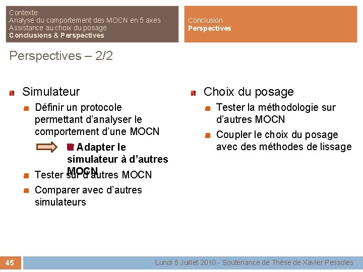 Contexte Analyse du comportement des MOCN en 5 axes Assistance au choix du posage