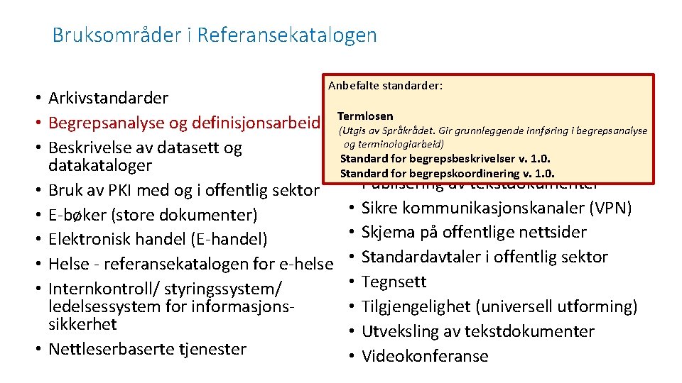 Bruksområder i Referansekatalogen Anbefalte standarder: • Arkivstandarder • Protokoller for grunnleggende datakommunikasjon • Begrepsanalyse