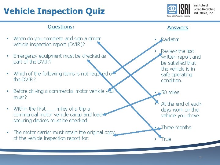 Vehicle Inspection Quiz Questions: • When do you complete and sign a driver vehicle