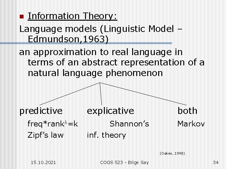 Information Theory: Language models (Linguistic Model – Edmundson, 1963) an approximation to real language