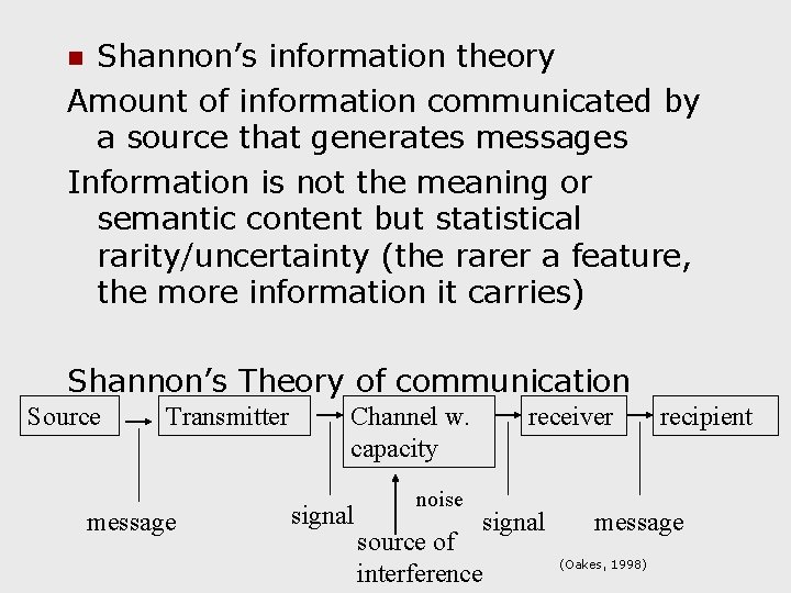 Shannon’s information theory Amount of information communicated by a source that generates messages Information