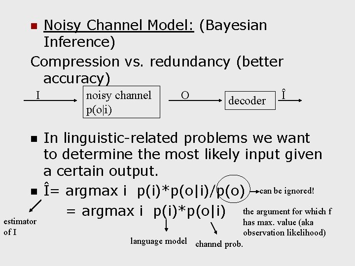 Noisy Channel Model: (Bayesian Inference) Compression vs. redundancy (better accuracy) n I n n