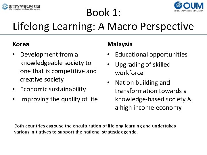 Book 1: Lifelong Learning: A Macro Perspective Korea Malaysia • Development from a knowledgeable