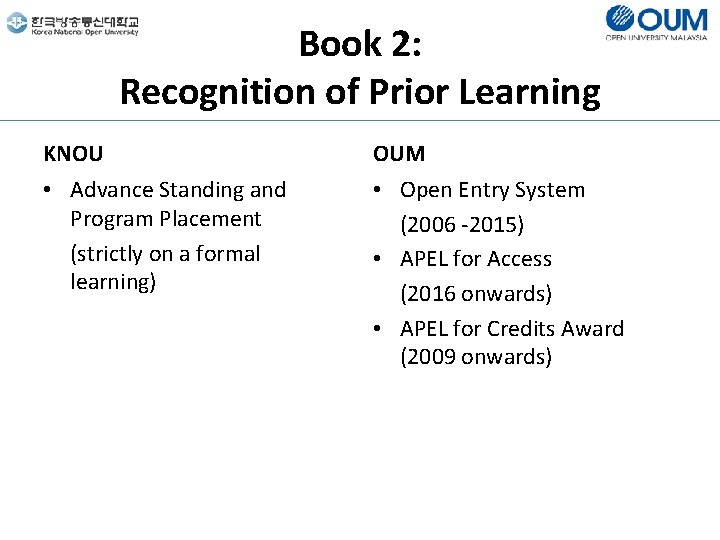 Book 2: Recognition of Prior Learning KNOU OUM • Advance Standing and Program Placement