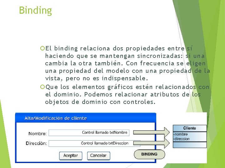 Binding El binding relaciona dos propiedades entre sí haciendo que se mantengan sincronizadas: si