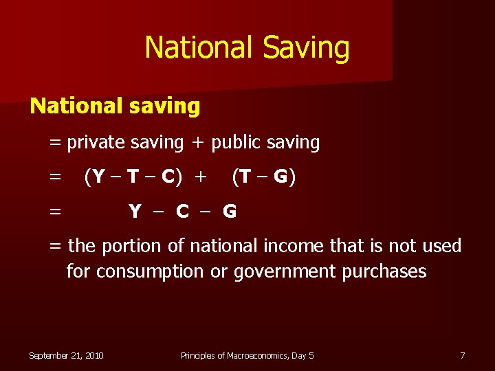 National Saving National saving = private saving + public saving = ( Y –