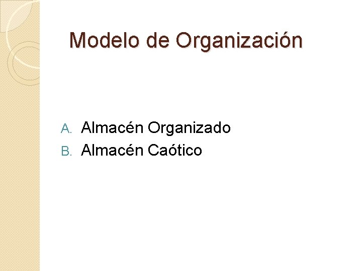 Modelo de Organización Almacén Organizado B. Almacén Caótico A. 