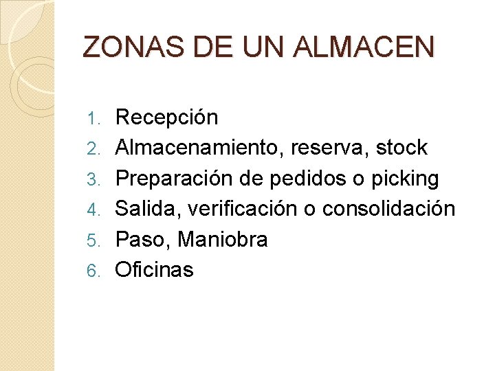 ZONAS DE UN ALMACEN 1. 2. 3. 4. 5. 6. Recepción Almacenamiento, reserva, stock