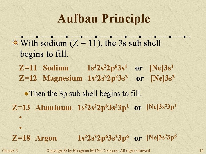 Aufbau Principle With sodium (Z = 11), the 3 s sub shell begins to