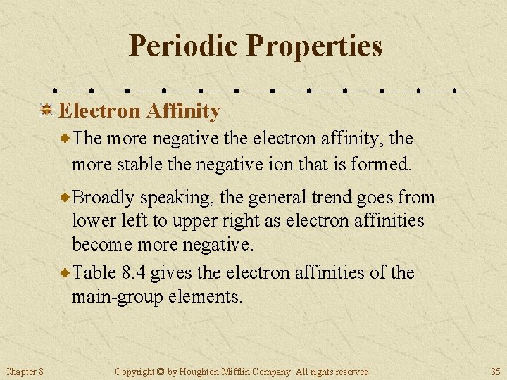 Periodic Properties Electron Affinity The more negative the electron affinity, the more stable the