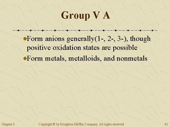 Group V A Form anions generally(1 -, 2 -, 3 -), though positive oxidation