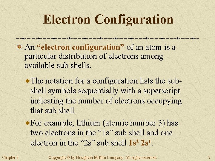 Electron Configuration An “electron configuration” of an atom is a particular distribution of electrons