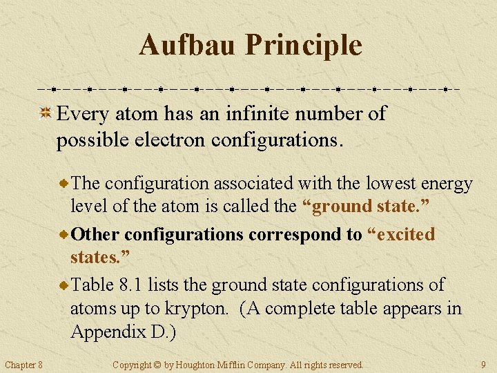 Aufbau Principle Every atom has an infinite number of possible electron configurations. The configuration