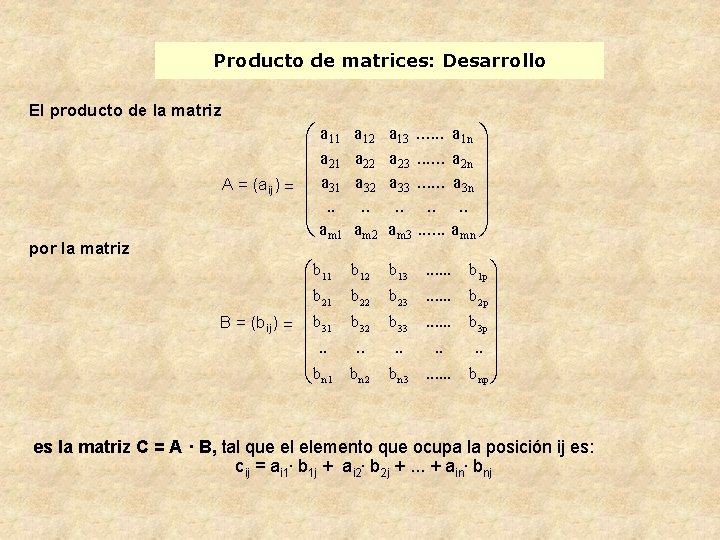 Producto de matrices: Desarrollo El producto de la matriz A = (a ij) =