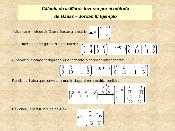 Cálculo de la Matriz Inversa por el método de Gauss – Jordan II: Ejemplo