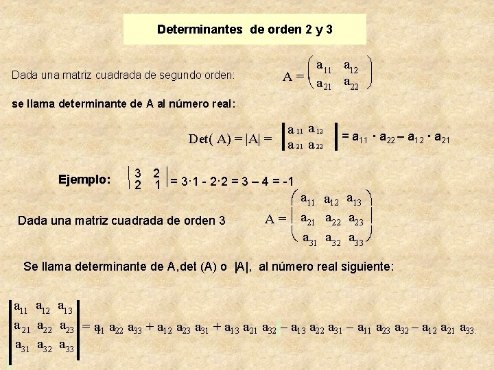 Determinantes de orden 2 y 3 æa a 12 ö 11 ÷ A=ç a