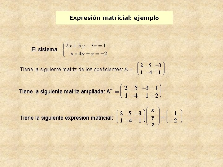 Expresión matricial: ejemplo El sistema Tiene la siguiente matriz de los coeficientes: A =