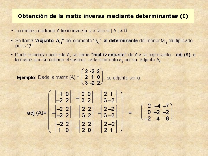 Obtención de la matiz inversa mediante determinantes (I) • La matriz cuadrada A tiene