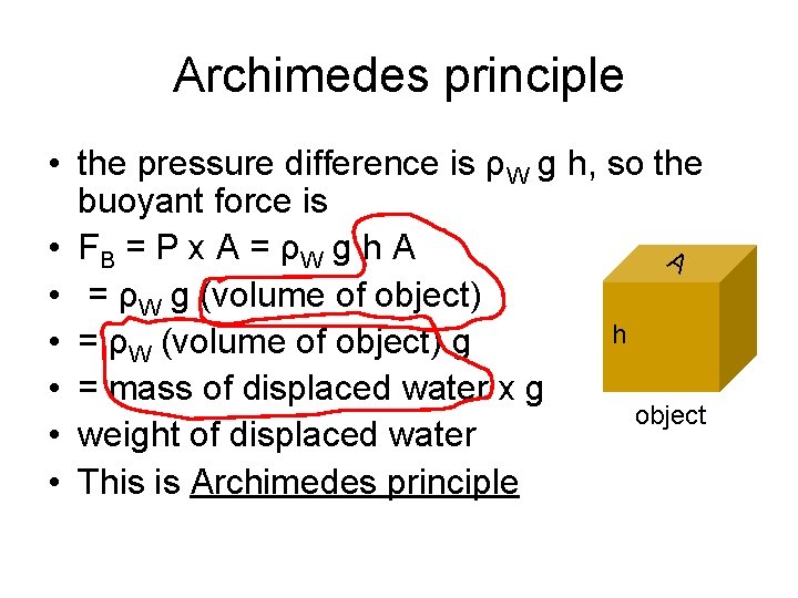 Archimedes principle • the pressure difference is ρW g h, so the buoyant force