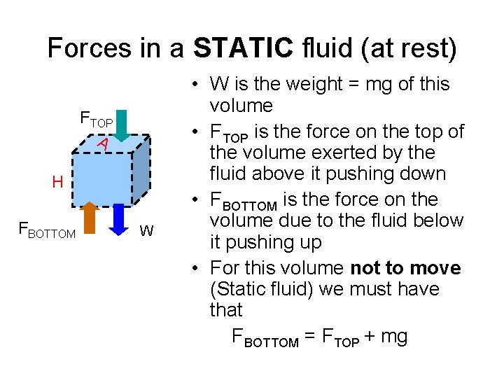 Forces in a STATIC fluid (at rest) FTOP A H FBOTTOM W • W