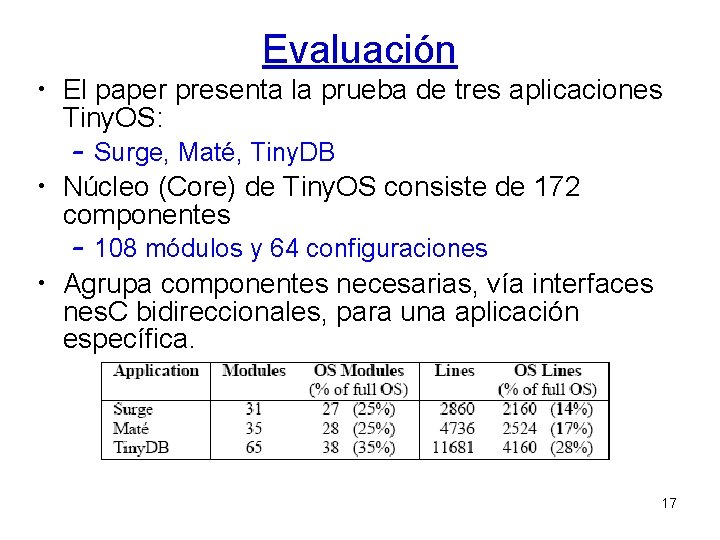Evaluación • El paper presenta la prueba de tres aplicaciones Tiny. OS: – Surge,