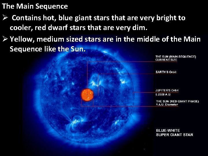 The Main Sequence Ø Contains hot, blue giant stars that are very bright to