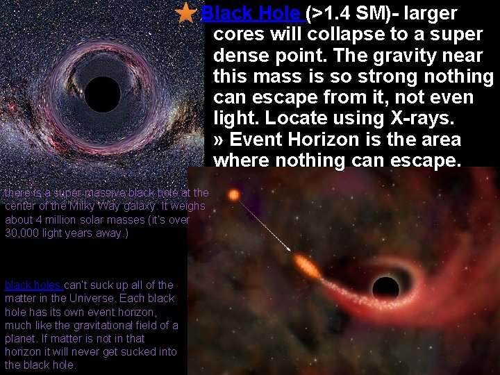 Black Hole (>1. 4 SM)- larger cores will collapse to a super dense point.