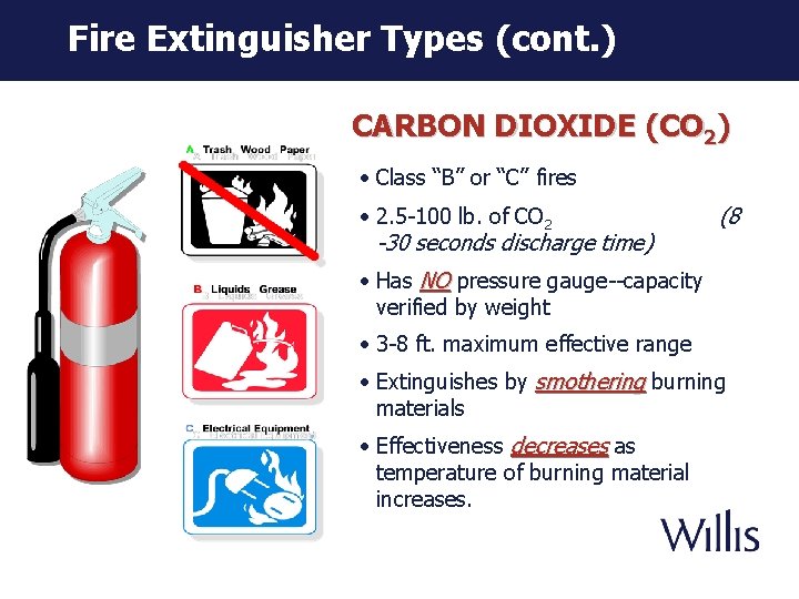 Fire Extinguisher Types (cont. ) CARBON DIOXIDE (CO 2) • Class “B” or “C”