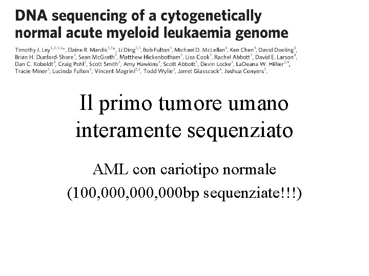Il primo tumore umano interamente sequenziato AML con cariotipo normale (100, 000, 000 bp