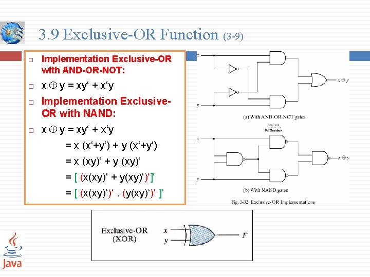 3. 9 Exclusive-OR Function (3 -9) Implementation Exclusive-OR with AND-OR-NOT: x y = xy‘