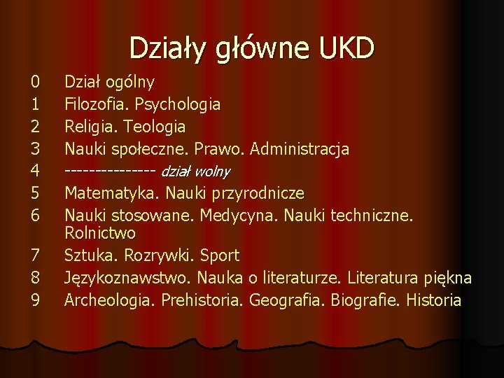 Działy główne UKD 0 1 2 3 4 5 6 7 8 9 Dział