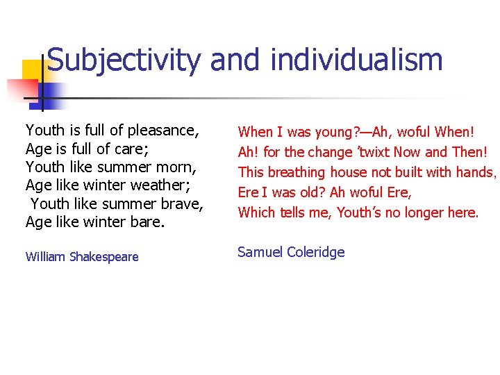 Subjectivity and individualism Youth is full of pleasance, Age is full of care; Youth
