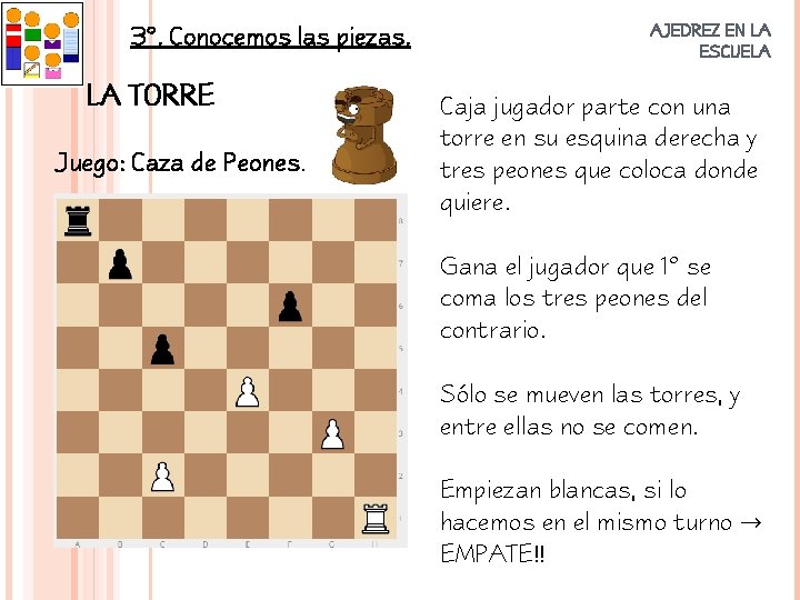 3º. Conocemos las piezas. LA TORRE Juego: Caza de Peones. AJEDREZ EN LA ESCUELA