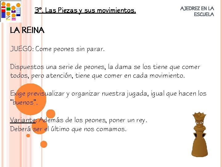 3º. Las Piezas y sus movimientos. AJEDREZ EN LA ESCUELA LA REINA JUEGO: Come